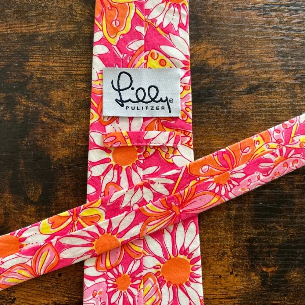 Lilly Pulitzer Vintage Pink Butterfly Daisy White Label Mens Tie - Picture 4 of 5